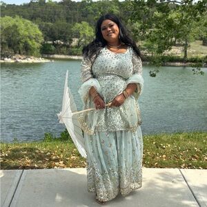 Elegant Light Blue and Gold Embellished Dress